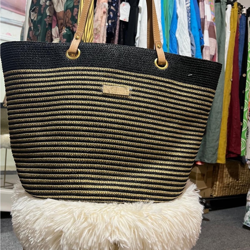 Spacious Black and Tan Tote with Woven Texture